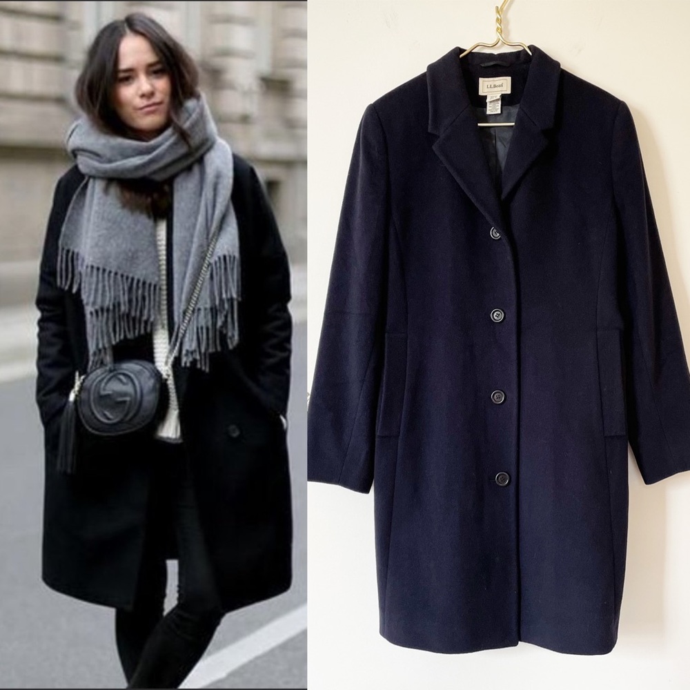 L.L. Bean Navy Cashmere Wool Long Line Coat 12